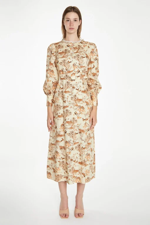 Glamorous Best Dressed Guest|Maxi Dresses|Tan Multi Blossom Long-Sleeve Belted Maxi-Dress -