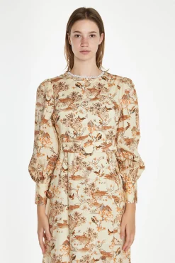 Glamorous Best Dressed Guest|Maxi Dresses|Tan Multi Blossom Long-Sleeve Belted Maxi-Dress -