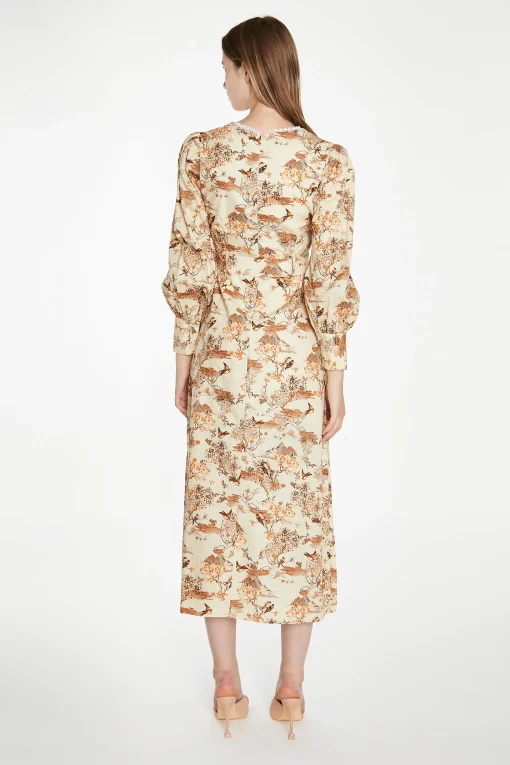Glamorous Best Dressed Guest|Maxi Dresses|Tan Multi Blossom Long-Sleeve Belted Maxi-Dress -