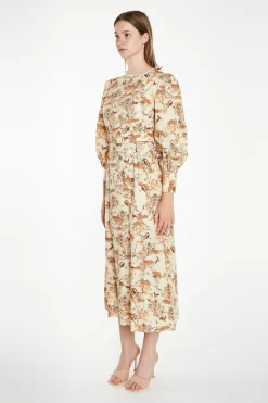 Glamorous Best Dressed Guest|Maxi Dresses|Tan Multi Blossom Long-Sleeve Belted Maxi-Dress -