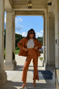 Glamorous Workwear|Co-ords|Tan PU Flared Trousers -
