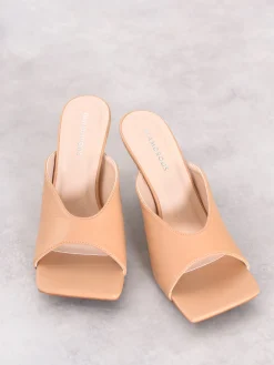 Glamorous Heels|Mules|Tan Square Toe Heeled Mules -