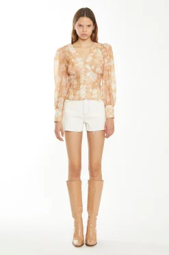 Glamorous Chic Escapes|Blouses & Shirts|Tan White Floral Button-Front Blouse -