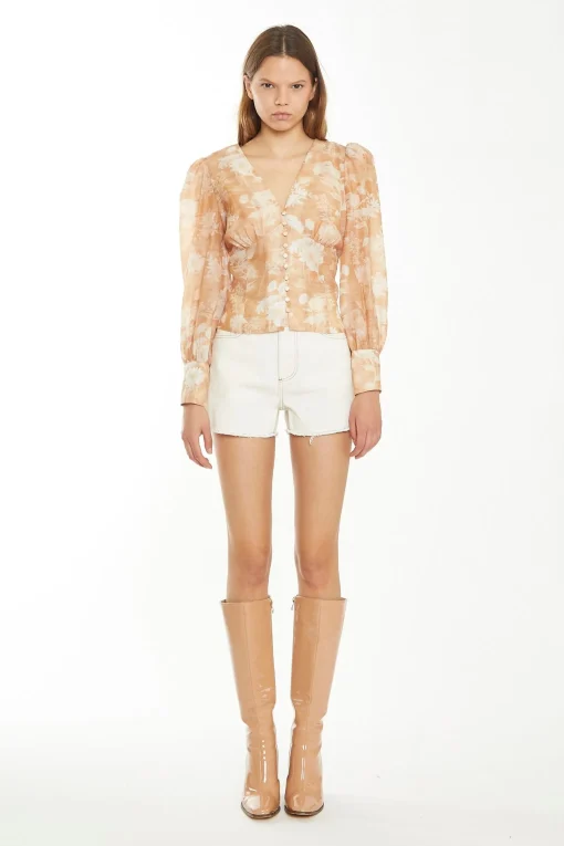 Glamorous Chic Escapes|Blouses & Shirts|Tan White Floral Button-Front Blouse -