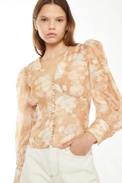 Glamorous Chic Escapes|Blouses & Shirts|Tan White Floral Button-Front Blouse -