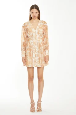 Glamorous Chic Escapes|Day Dresses|Tan White Floral Button-Through Mini-Dress -