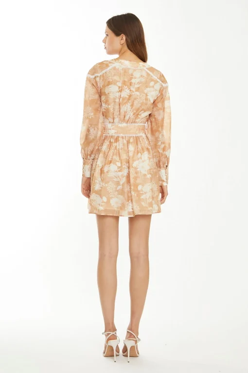 Glamorous Chic Escapes|Day Dresses|Tan White Floral Button-Through Mini-Dress -