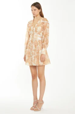 Glamorous Chic Escapes|Day Dresses|Tan White Floral Button-Through Mini-Dress -