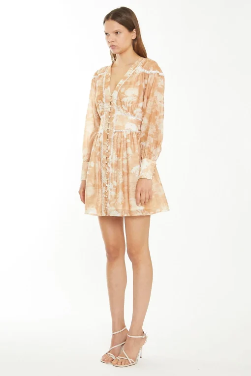 Glamorous Chic Escapes|Day Dresses|Tan White Floral Button-Through Mini-Dress -