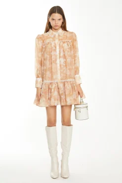 Glamorous Chic Escapes|Day Dresses|Tan White Floral Mini Shirt-Dress -