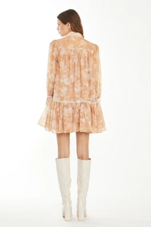 Glamorous Chic Escapes|Day Dresses|Tan White Floral Mini Shirt-Dress -