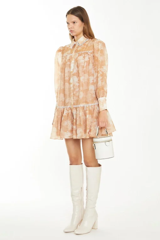 Glamorous Chic Escapes|Day Dresses|Tan White Floral Mini Shirt-Dress -