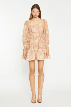 Glamorous Chic Escapes|Day Dresses|Tan White Floral Tiered Mini-Dress -