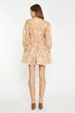 Glamorous Chic Escapes|Day Dresses|Tan White Floral Tiered Mini-Dress -