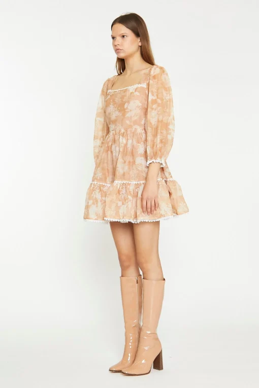 Glamorous Chic Escapes|Day Dresses|Tan White Floral Tiered Mini-Dress -