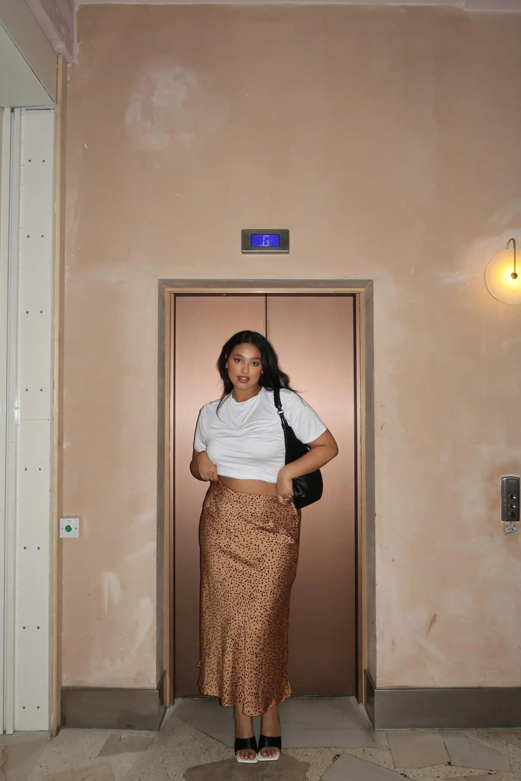 Glamorous Glamorous Curve|Midi & Midaxi Skirts|Tan-Black Spot Bias-Cut Midi Skirt -