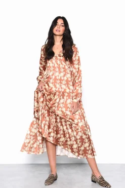 Glamorous Maxi Dresses|Maxi Dresses|Tan-Yellow-Floral Long-Sleeve-Pleated Maxi-Dress -