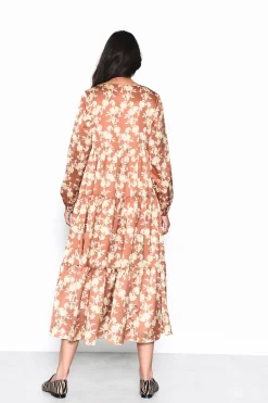 Glamorous Maxi Dresses|Maxi Dresses|Tan-Yellow-Floral Long-Sleeve-Pleated Maxi-Dress -