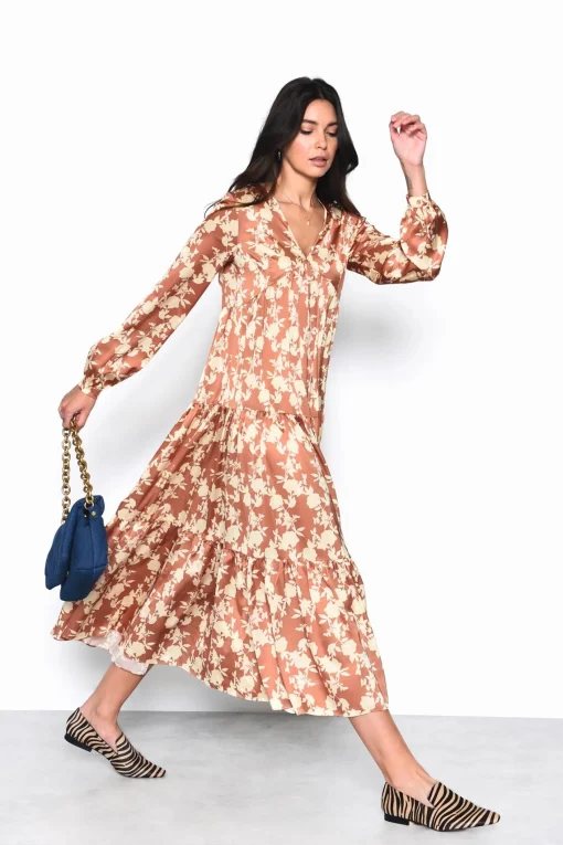 Glamorous Maxi Dresses|Maxi Dresses|Tan-Yellow-Floral Long-Sleeve-Pleated Maxi-Dress -