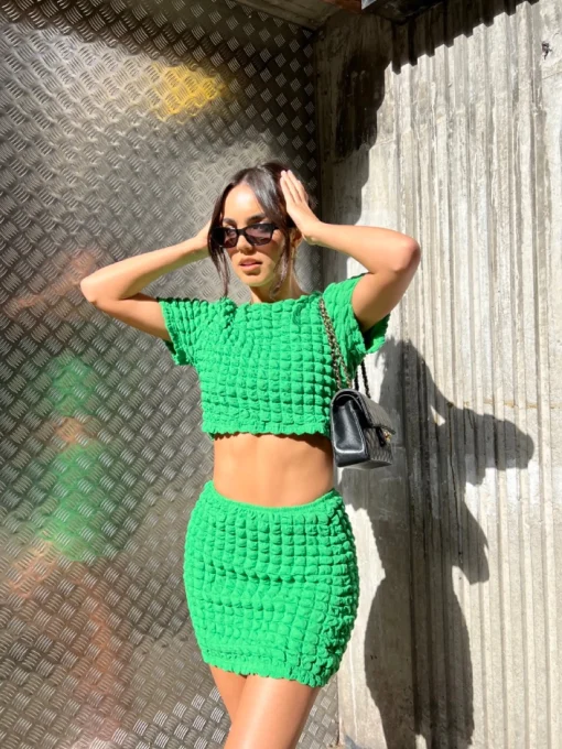 Glamorous Chic Escapes|Co-ords|Textured Green Crop Top -
