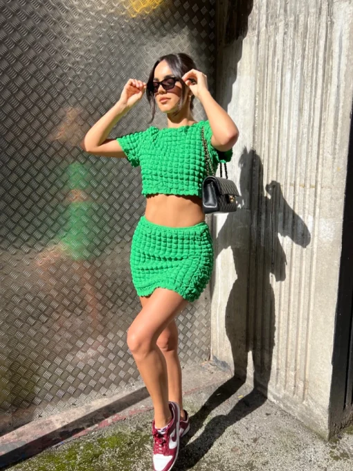 Glamorous Chic Escapes|Co-ords|Textured Green Crop Top -