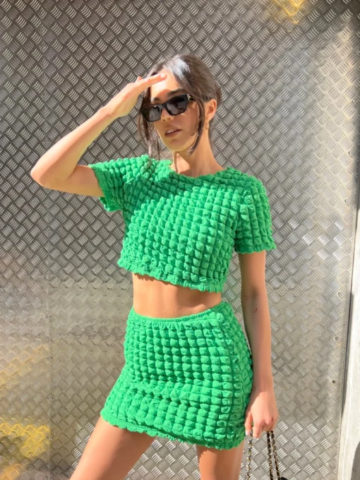 Glamorous Chic Escapes|Co-ords|Textured Green Crop Top -
