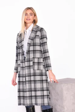 Glamorous Coats|Tonal-Grey Check Collared Over-Coat -