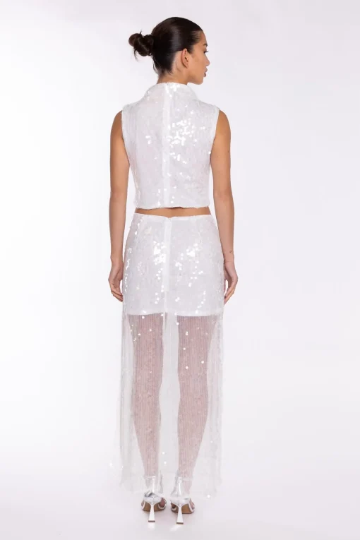 Glamorous Going Out Tops|Go To Partywear|Transparent-Sequin Boat-Neck Crop-Top -
