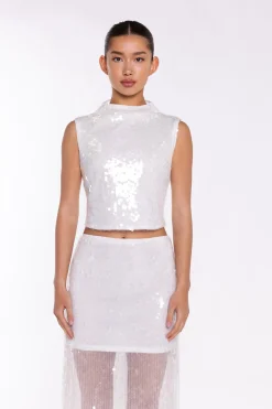 Glamorous Going Out Tops|Go To Partywear|Transparent-Sequin Boat-Neck Crop-Top -