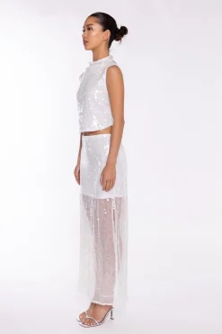Glamorous Going Out Tops|Go To Partywear|Transparent-Sequin Boat-Neck Crop-Top -
