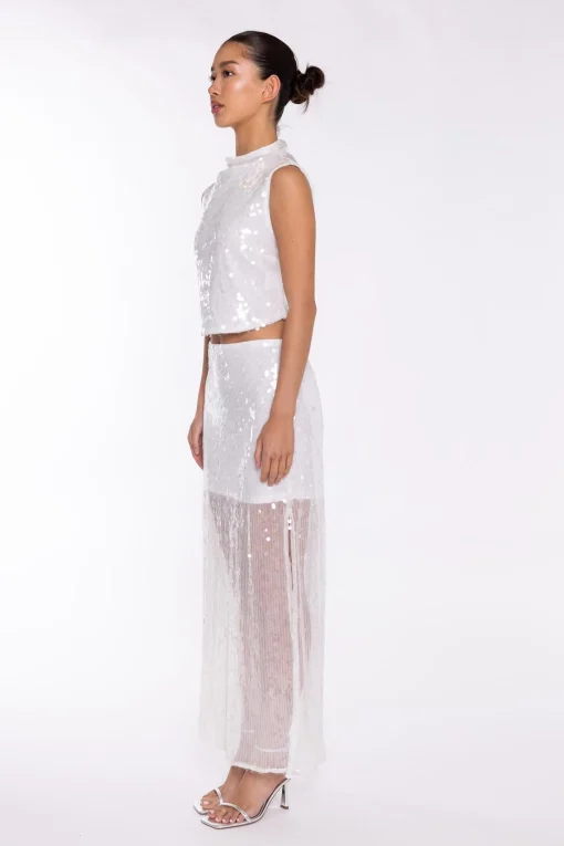 Glamorous Going Out Tops|Go To Partywear|Transparent-Sequin Boat-Neck Crop-Top -