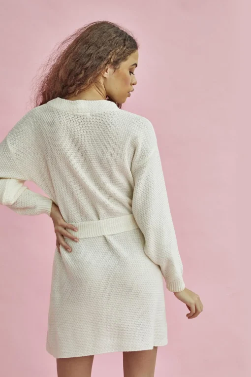 Glamorous Day Dresses|Knitted Co-ords|True-Ecru Knitted Mini Dress with Tie Belt -