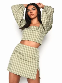 Glamorous Mini Skirts|Turquoise Multi Check Side Split Mini Skirt -