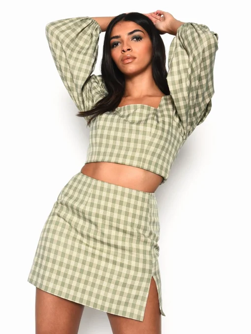 Glamorous Mini Skirts|Turquoise Multi Check Side Split Mini Skirt -