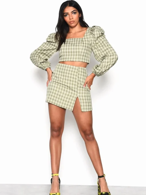 Glamorous Mini Skirts|Turquoise Multi Check Side Split Mini Skirt -