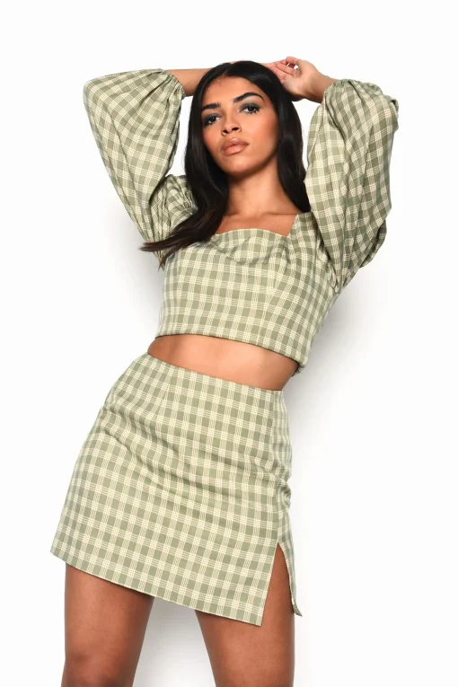 Glamorous Mini Skirts|Turquoise Multi Check Side Split Mini Skirt -