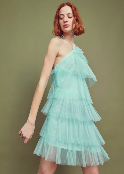 Glamorous Dresses|Prom|Turquoise Pleated Tulle Halterneck Mini-dress -