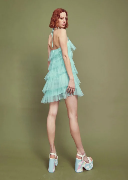 Glamorous Dresses|Prom|Turquoise Pleated Tulle Halterneck Mini-dress -