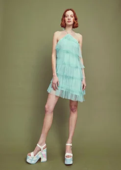 Glamorous Dresses|Prom|Turquoise Pleated Tulle Halterneck Mini-dress -