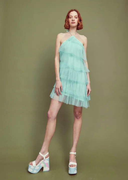 Glamorous Dresses|Prom|Turquoise Pleated Tulle Halterneck Mini-dress -