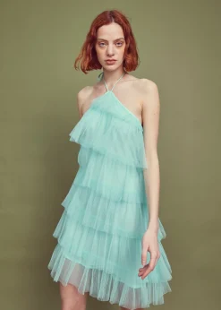 Glamorous Dresses|Prom|Turquoise Pleated Tulle Halterneck Mini-dress -