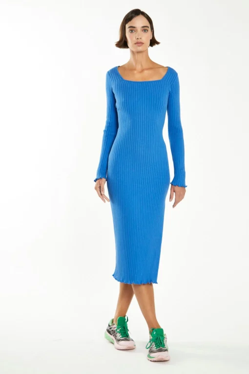 Glamorous Go To Partywear|Day Dresses|Ultramarine Blue Square-Neck Knit Midi-Dress -