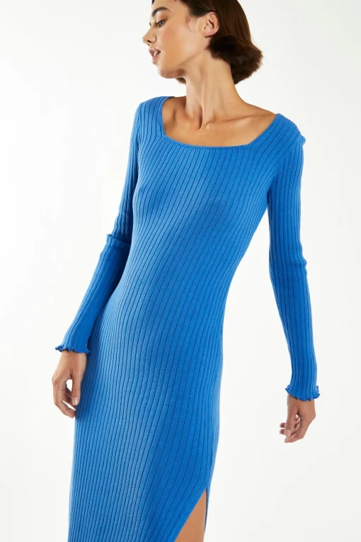 Glamorous Go To Partywear|Day Dresses|Ultramarine Blue Square-Neck Knit Midi-Dress -