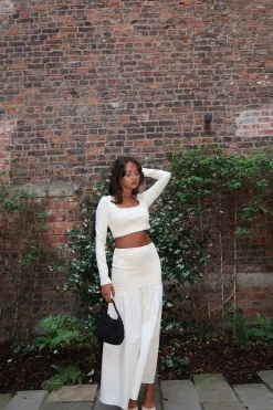 Glamorous Co-ords|Bottoms|Vanilla Half-Pleated-High-Waist Maxi-Skirt -