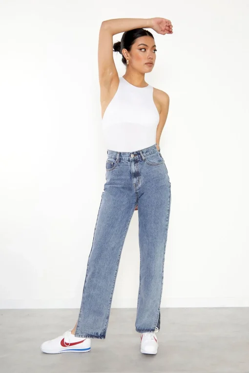 Glamorous High Waisted Jeans|Straight Leg Jeans|Vintage Wash High Waisted Straight Leg Jeans with Side Split -