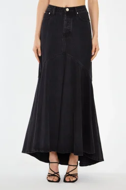 Glamorous Workwear|Denim Skirts|Washed Black Denim Fishtail Maxi-Skirt -