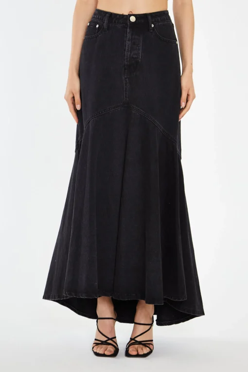 Glamorous Workwear|Denim Skirts|Washed Black Denim Fishtail Maxi-Skirt -