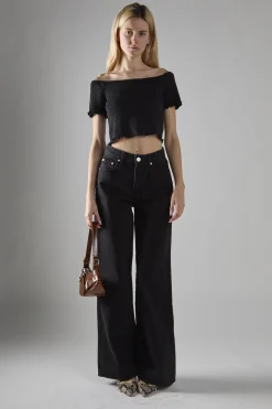 Glamorous Wide Leg Jeans|Wide Leg Trousers|Washed-Black Wide-Leg Mid-Rise-Jeans -
