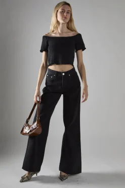Glamorous Wide Leg Jeans|Wide Leg Trousers|Washed-Black Wide-Leg Mid-Rise-Jeans -