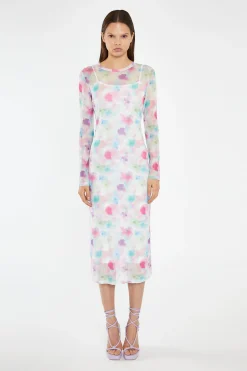 Glamorous Day Dresses|Midi & Midaxi Dresses|Watercolour-Floral Mesh Long Sleeve Midi-Dress -